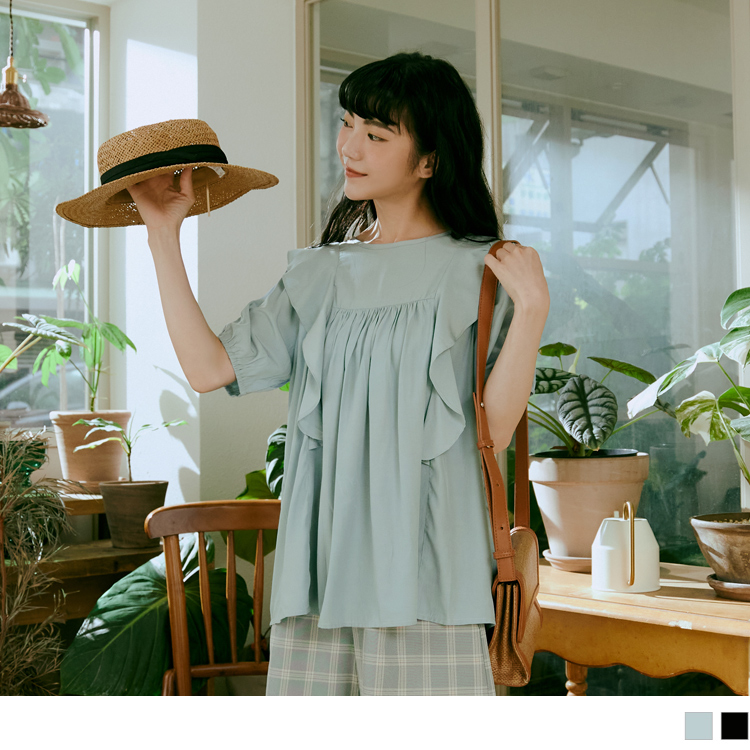 OB 寬鬆荷葉滾邊後鏤空綁帶鬆緊袖上衣 OBAB18514 SS23