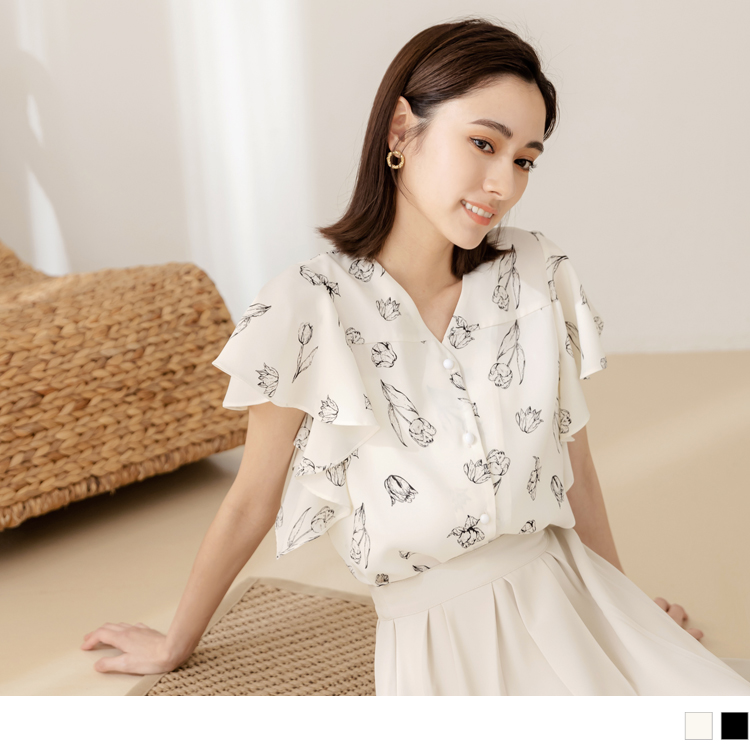 OB 小V臉．V領開襟花卉印花荷葉袖上衣 OBAB18520 SS23