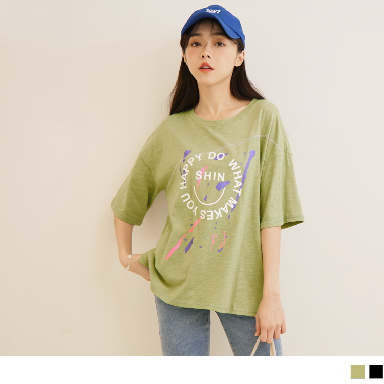 OB 竹節棉爬線印花短袖寬版上衣 OBAB18468 SS23