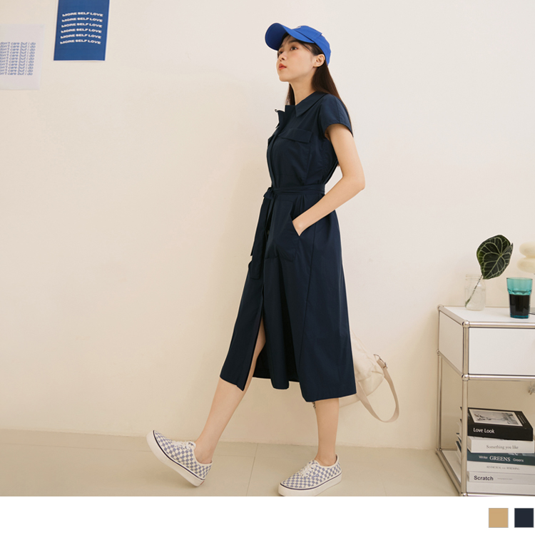 OB 棉質工裝口袋開襟排釦腰帶短袖連身裙 OBDA9769 SS23