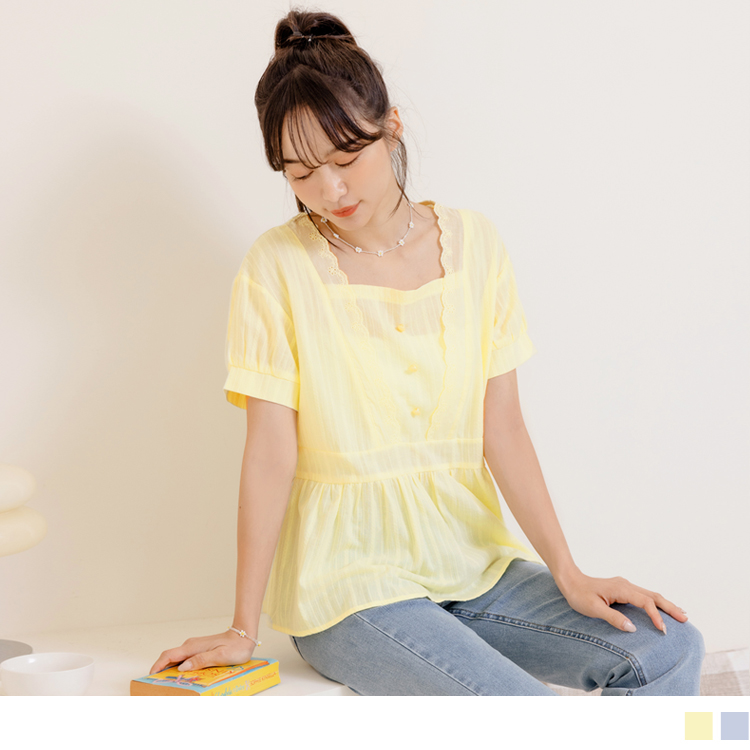 OB 小V臉．蕾絲方領純棉A字上衣 OBAB18675 SS23