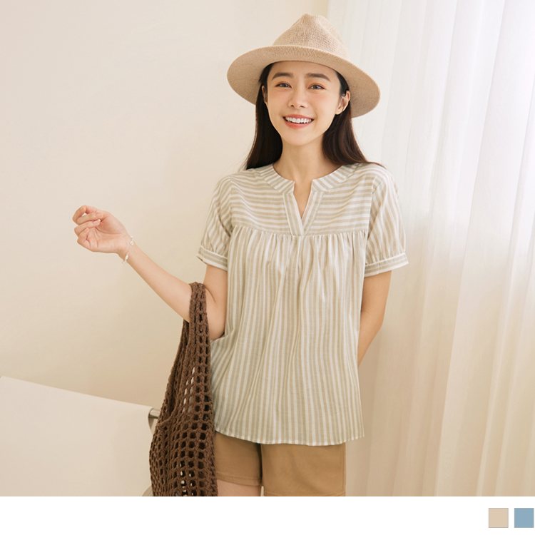OB 純棉條紋小V領傘襬拋袖上衣 OBAB18717 SS23