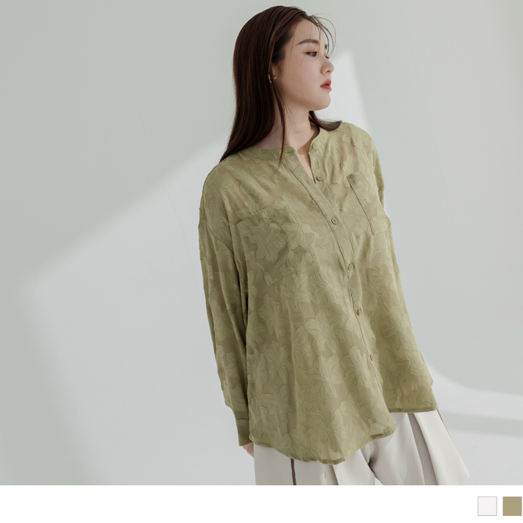 OB 雲朵自訂款-微透膚中山領雕花襯衫/外套 OBAB18629 SS23