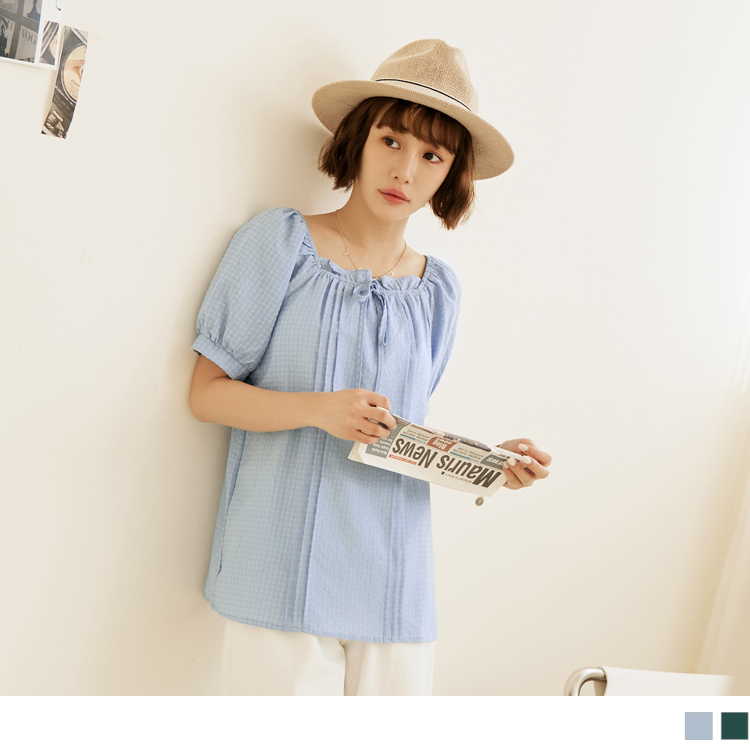 OB 棉質胸前裝飾綁帶壓褶方領拋袖上衣 OBAB18624 SS23