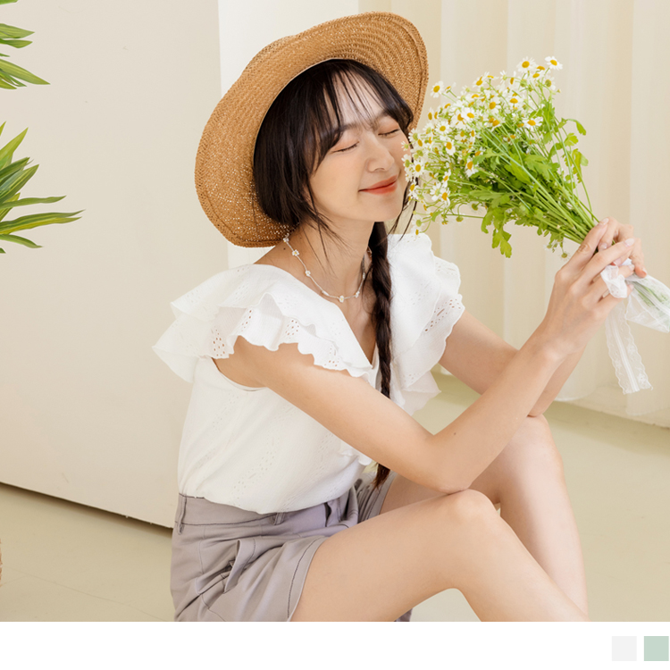 OB 小V臉．U領紋理荷葉上衣 OBAB18654 SS23