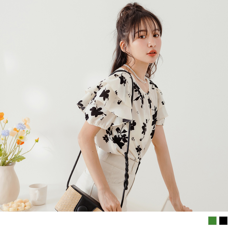 OB 涼感．舒涼雪紡印花荷葉袖上衣 OBAB18592 SS23