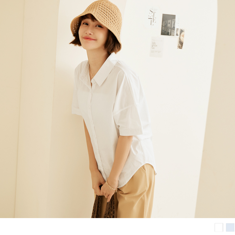 OB 純棉素色側壓褶寬版短袖襯衫/外套 OBAB18637 SS23