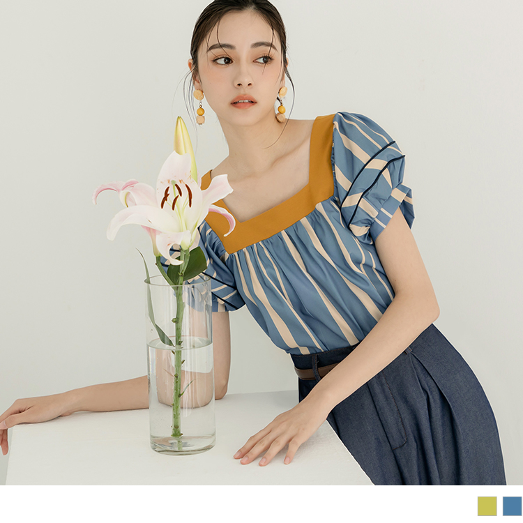 OB 小V臉．方領撞色條紋印花拋袖上衣 OBAB18822 SS23