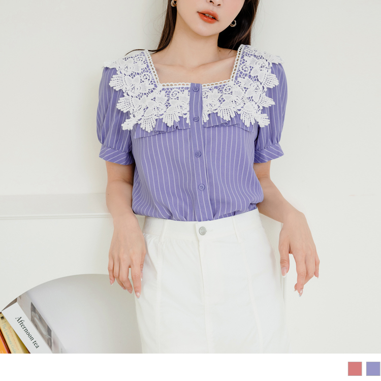 OB 小V臉．蕾絲方領印花拋袖襯衫上衣 OBAB18438 SS23