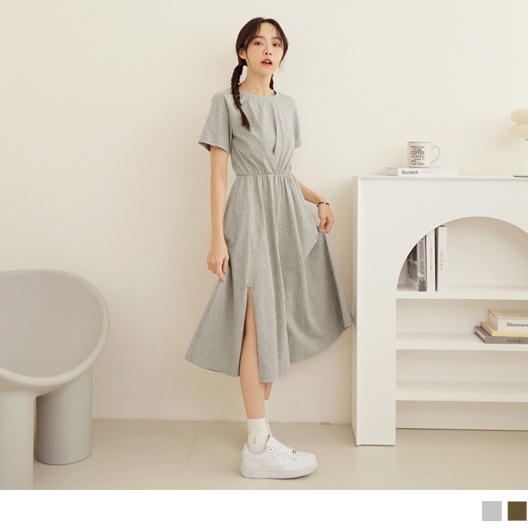 OB 彈性棉質胸前壓褶鬆緊腰下襬開衩連身裙 OBDA9840 SS23