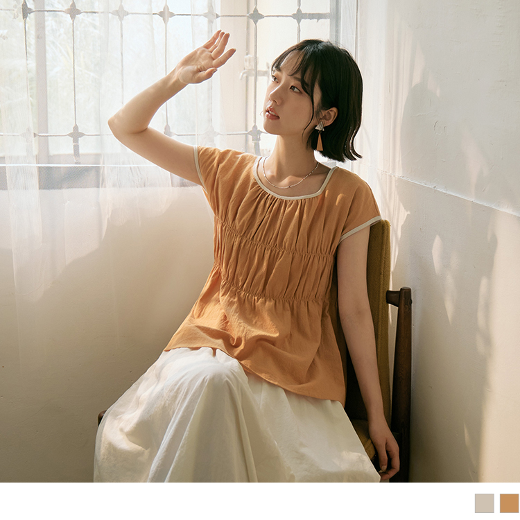 OB 純棉抽褶撞色拼接長版造型上衣 OBAB18746 SS23