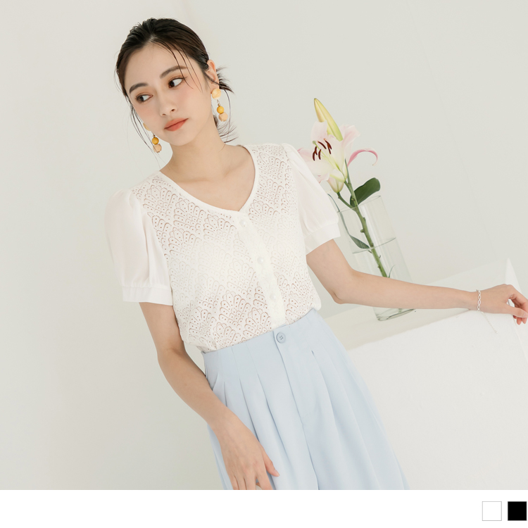 OB 透膚立體蕾絲拋袖開釦上衣 OBAB18879 SS23