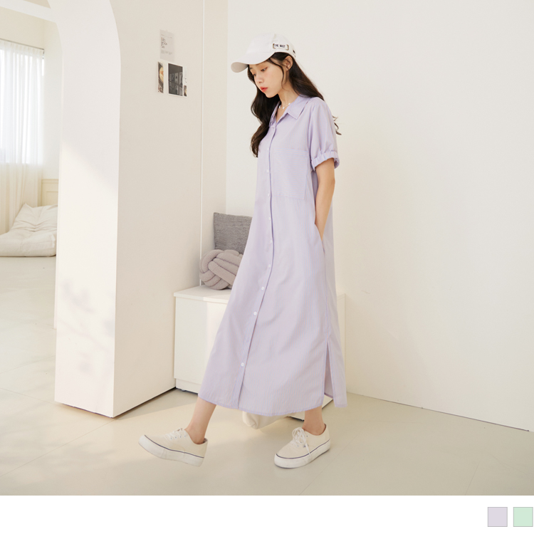 OB 棉質細條紋開襟袖口鬆緊長版連身裙/外套 OBDA9865 SS23