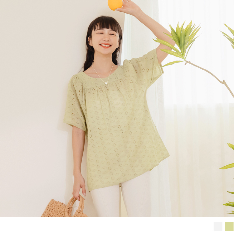 OB 純棉微透膚蕾絲寬鬆長版上衣 OBAB18803 SS23