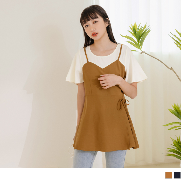 OB 假兩件收腰綁帶傘袖長版上衣 OBAB18882 SS23