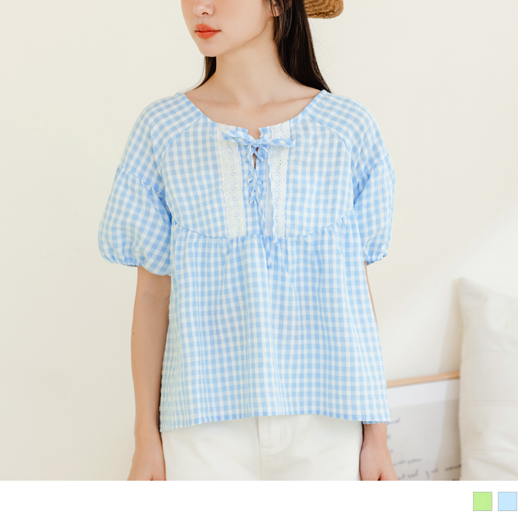 OB 格紋蕾絲綁帶拋袖寬版上衣 OBAB18795 SS23
