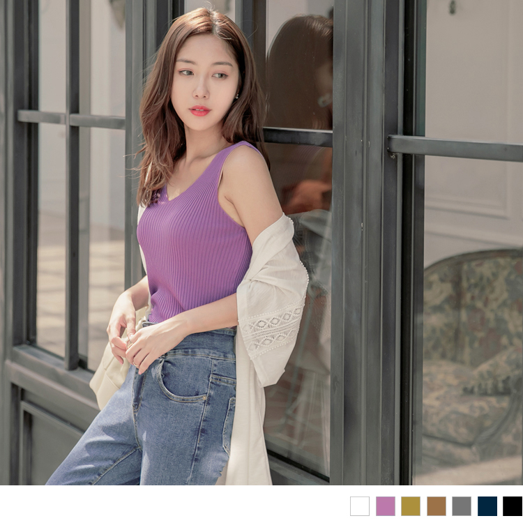OB 素色彈力羅紋V領無袖背心 OBFA1375 SS23