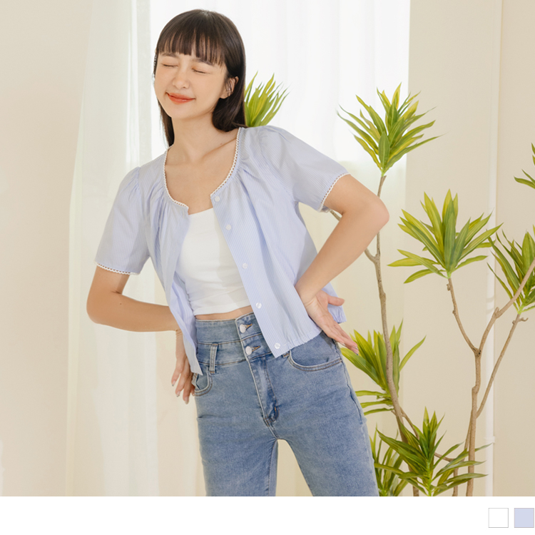 OB 直條紋蕾絲滾邊短版襯衫上衣/外套 OBAB18864 SS23