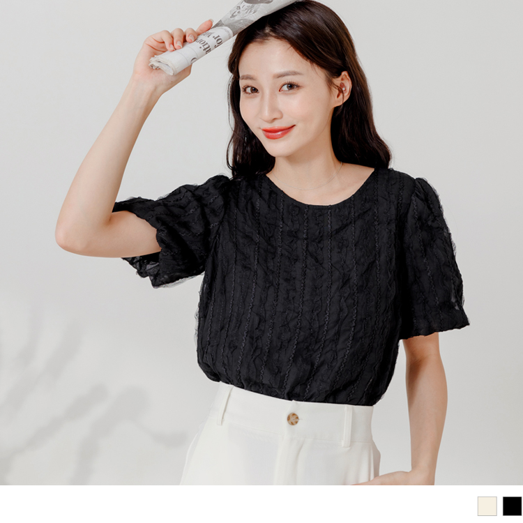 OB 蕾絲紋理網紗拼接拋袖上衣 OBAB19003 SS23