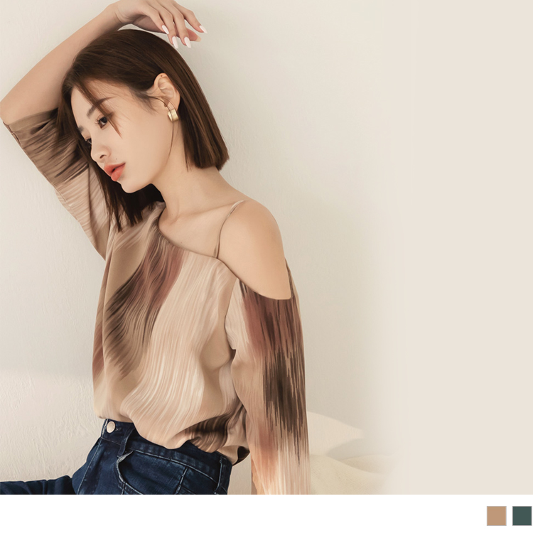 OB 不易皺印花斜肩微寬鬆七分袖上衣 OBAB18909 FW23