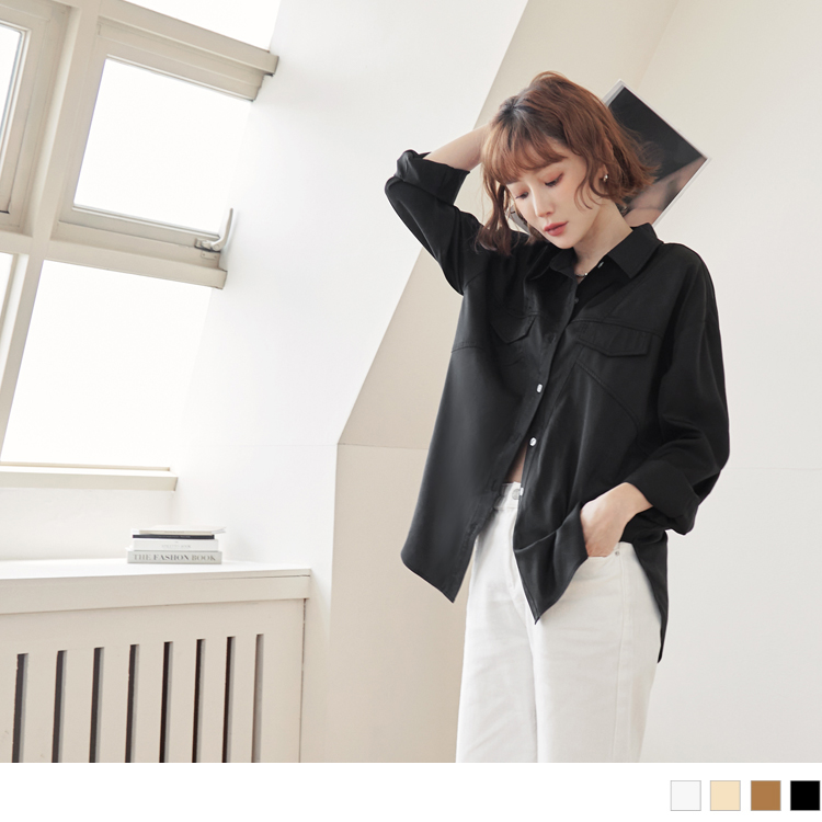 OB 雪紡袋蓋造型剪接前短後長寬版長袖襯衫 OBAB18715 FW23
