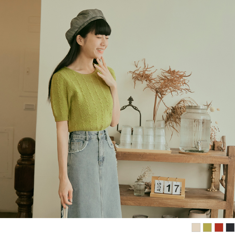 OB 圓領立體麻花織紋五分袖針織毛衣 OBFA2833 FW23