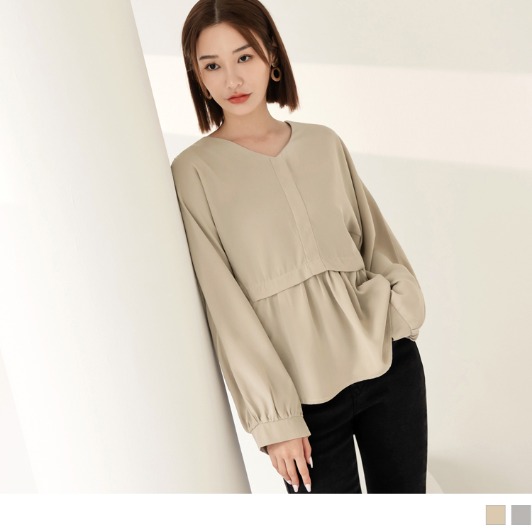 OB 不易皺V領連袖抓皺上衣 OBAB18964 FW23
