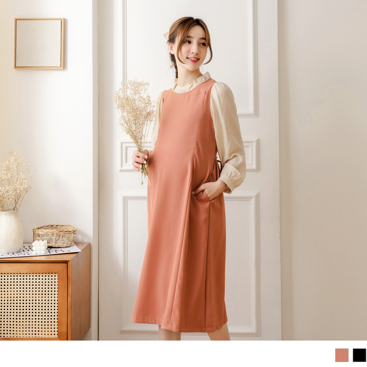 OB 假兩件荷葉立領後綁帶哺乳連身裙 OBMD0004 FW23