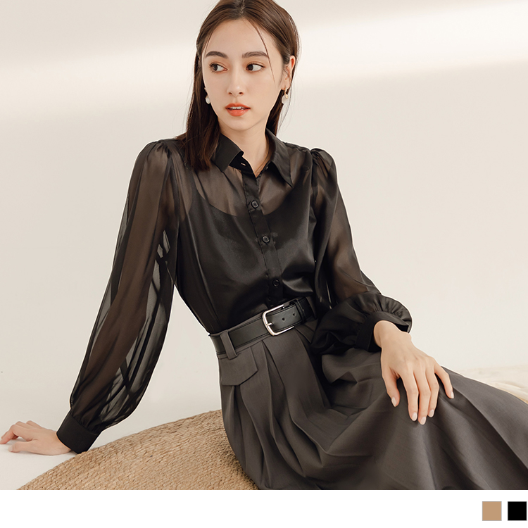 OB 透膚翻領拋袖開襟上衣 OBAB18915 FW23