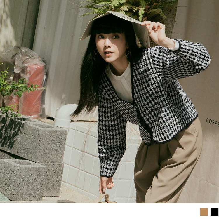 OB 毛呢千鳥格同色滾邊開襟包釦外套 OBEA3522 FW23