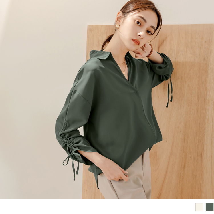 OB 不易皺翻領袖子抽皺上衣 OBAB18939 FW23