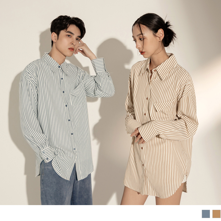 OB 男女共穿．翻褶口袋細條紋條紋襯衫 OBAB18952 FW23