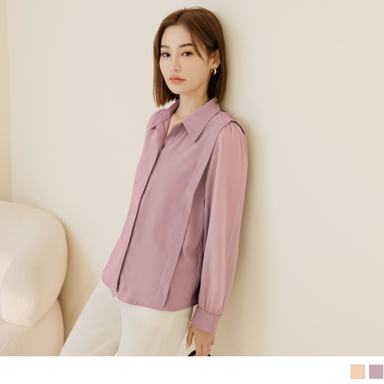 OB 不易皺拼接透膚上衣/襯衫 OBAB19099 FW23