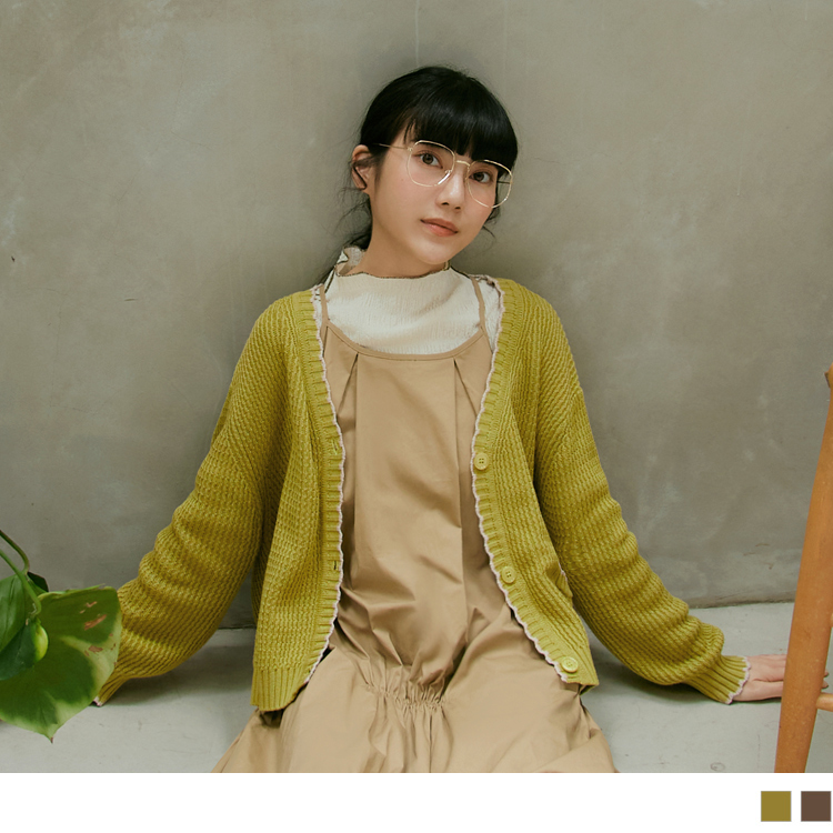 OB 針織寬鬆撞色花邊假口袋開襟外套 OBFA2830 FW23