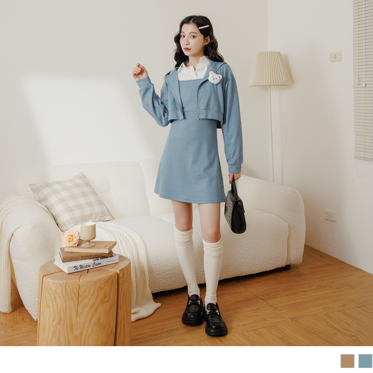 OB 兩件式坑條連帽外套肩帶短連身裙 OBDA9922 FW23