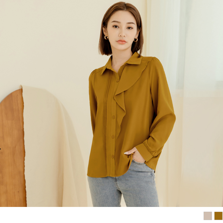 OB 不易皺翻領拋袖荷葉開襟上衣 OBAB18966 FW23