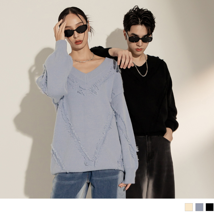 OB 男女共穿．針織抽鬚造型V領毛衣 OBFA2793 FW23