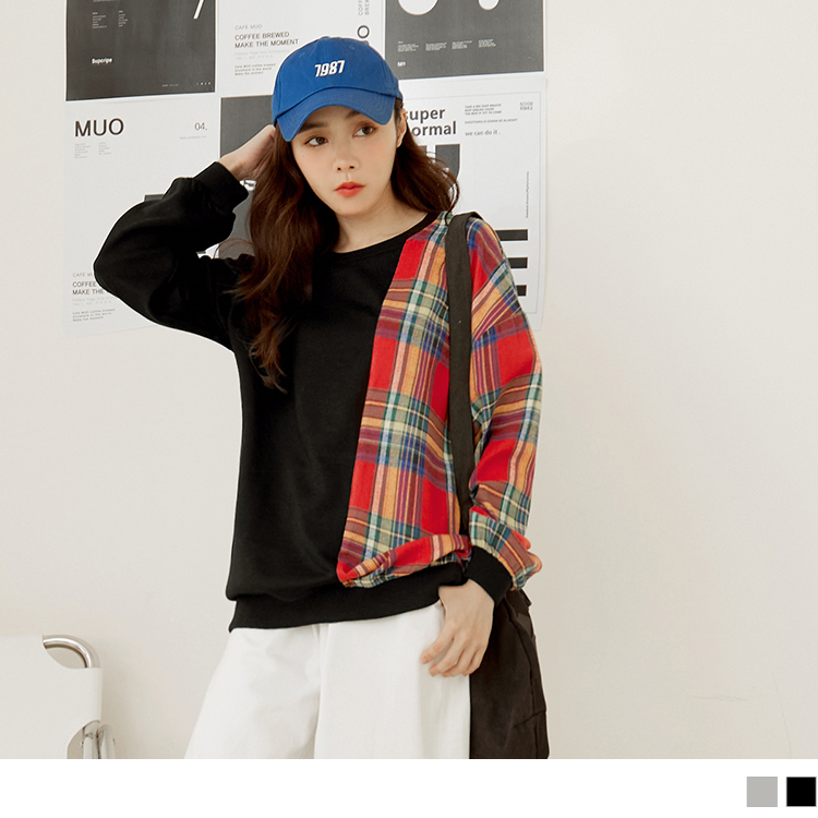 OB 棉質格紋拼接長版大學Tee/衛衣 OBAB19143 FW23
