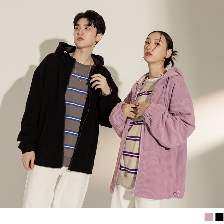 OB 男女共穿．袖口鬆緊貼標燈芯絨連帽外套 OBEA3535 FW23