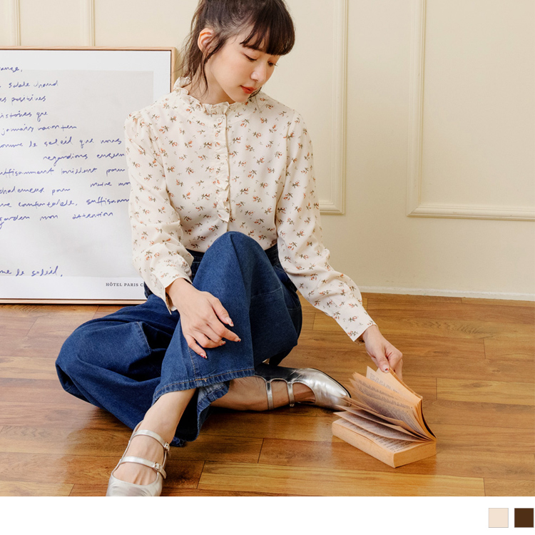 OB 不易皺碎花荷葉造型襯衫上衣 OBAB19209 FW23