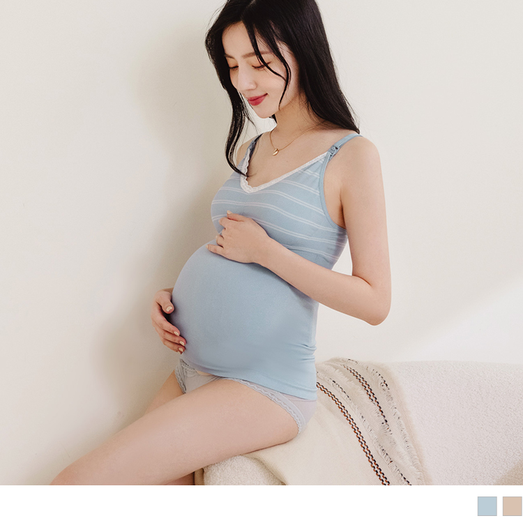 OB 高彈條紋拼接蕾絲滾邊肩開釦哺乳背心 OBVA1029 FW23