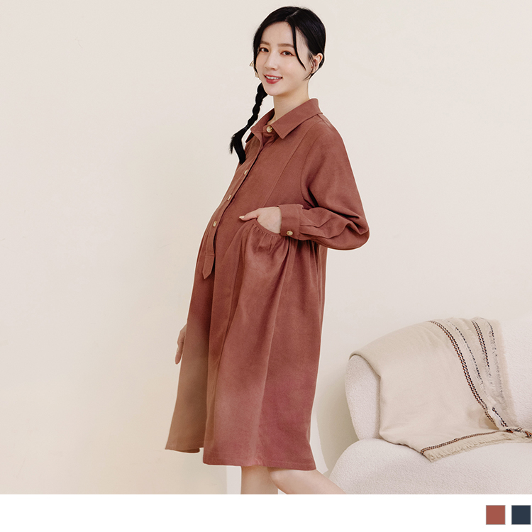 OB 磨毛抽皺大口袋造型開襟孕婦襯衫連身裙 OBMD0011 FW23