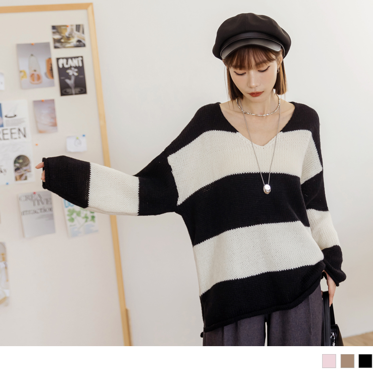 OB 條紋針織V領寬鬆長版上衣 OBFA2915 FW23