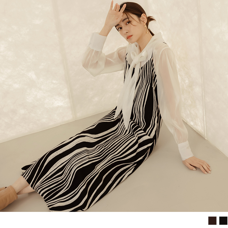 OB 不易皺條紋印花無袖長連身裙 OBDA9930 FW23