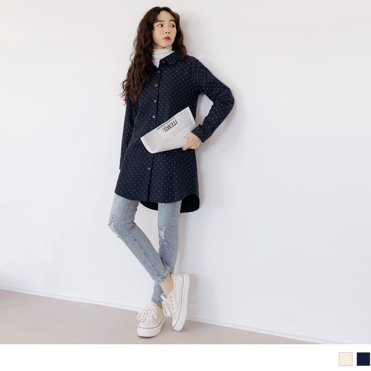OB 純棉輕磨毛圓點印花長版連身裙襯衫 OBAB19162 FW23