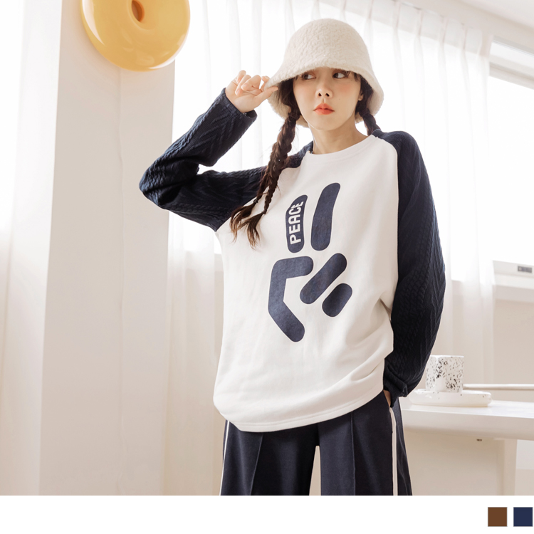 OB 棉質立體織紋牛角袖拼接印花長袖上衣 OBAB19207 FW23