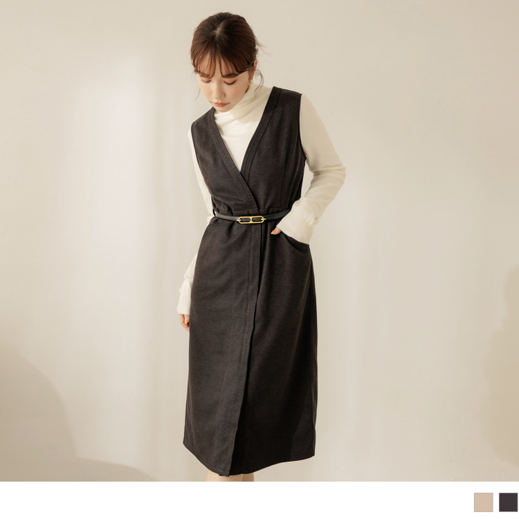 OB 毛呢觸感V領開襟綁帶長連身裙/外套 OBDA9956 FW23
