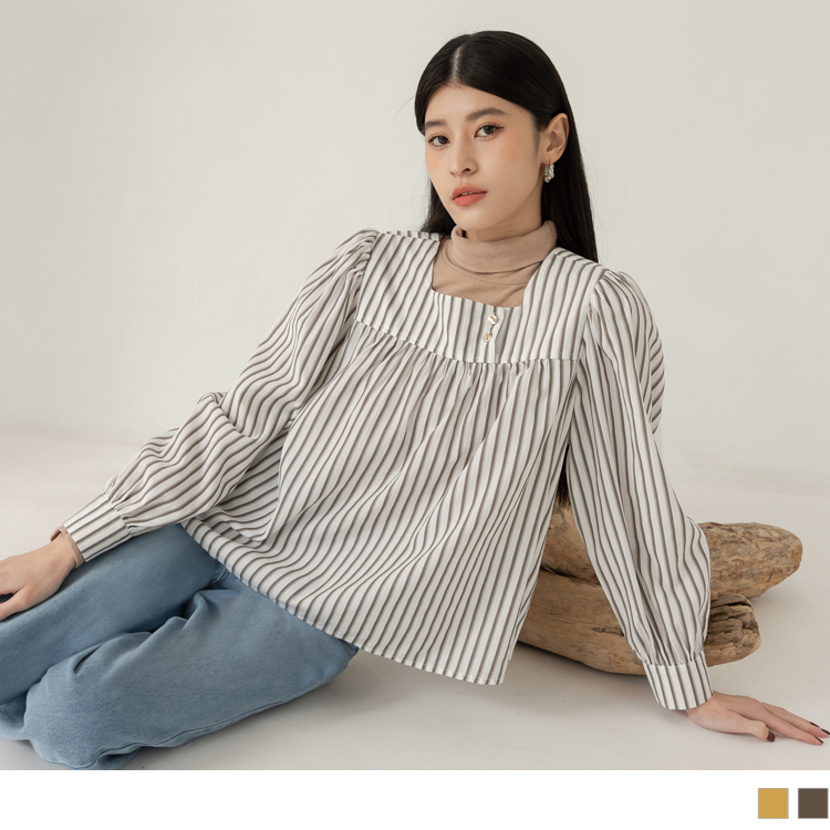 OB 不易皺條紋印花方領長袖上衣 OBAB19198 FW23