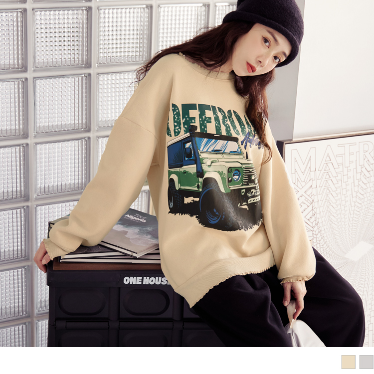 OB 棉質吉普車印花羅紋木耳邊寬版上衣 OBAB19230 FW23