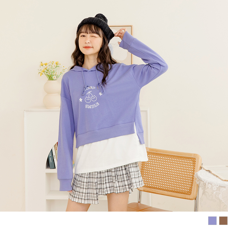 OB 假兩件印圖綁帶側開衩帽長袖上衣 OBAB19116 FW23